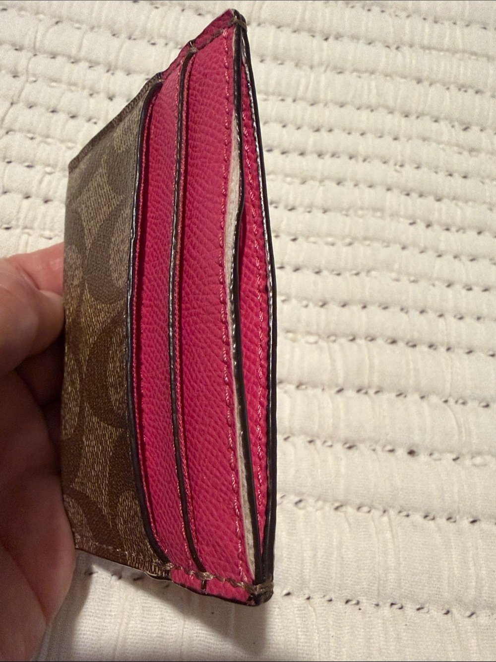 Coach Brown Signature Canvas Card Holder with Pink Accent - Picture 4 of 4